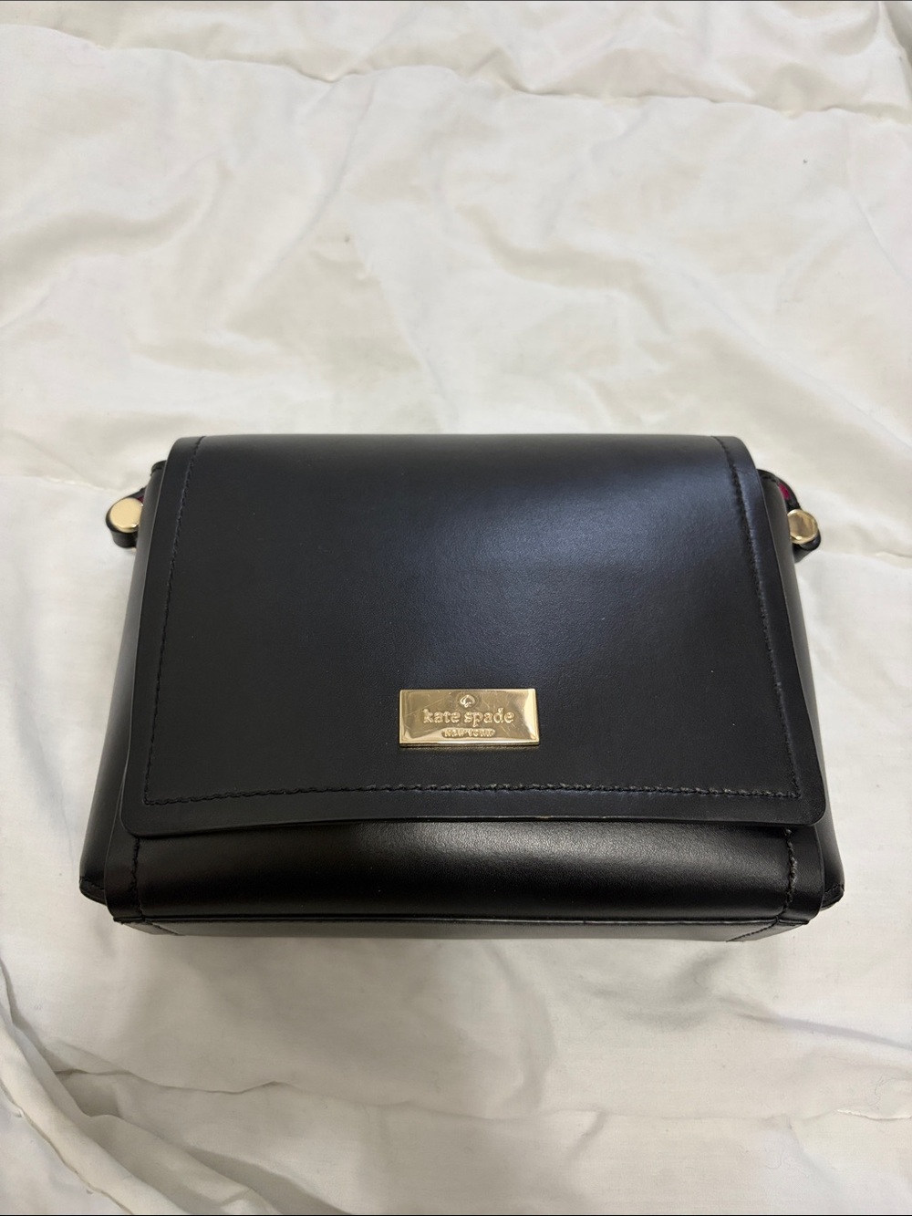 kate spade Black Leather Crossbody with Gold Plaque